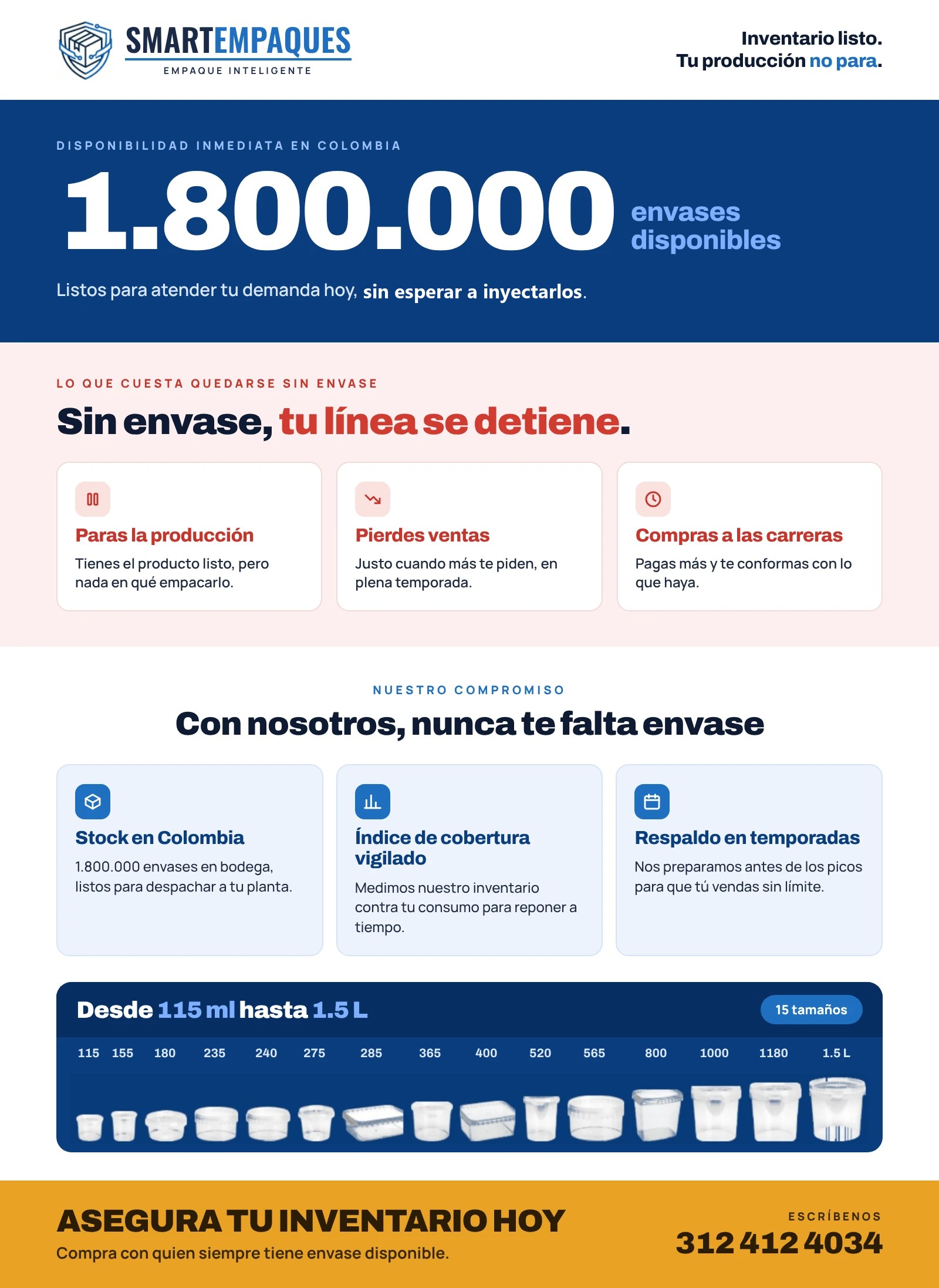 Inventario listo, tu producción no para. Disponibilidad inmediata en Colombia. Sin envase, tu línea se detiene. Con nosotros nunca te falta envase: stock en Colombia, índice de cobertura vigilado, respaldo en temporadas. Desde 115 ml hasta 1.5 L, 15 tamaños. Asegura tu inventario hoy: 312 412 4034